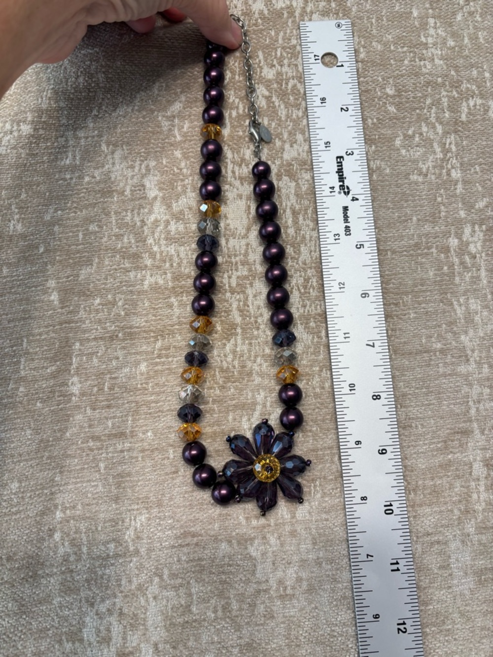 JS Signed Vintage Statement Necklace Purple Pearls Amber Crystal Flower Pendant - Picture 3 of 4